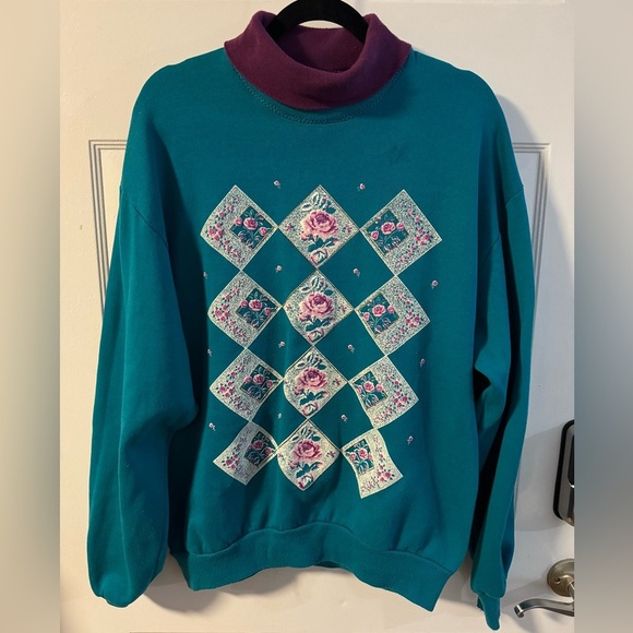 90s Floral Embroidered Painted Double Collar Turtleneck Sweatshirt VTG USA - Picture 1 of 13